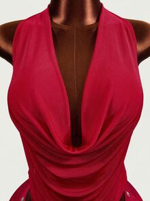 Mistrie Wine Red Rivet Draped Neck 2 Pieces Set, Cowl Neck Hollow Pleated Bodycon Mini Skirt Sexy Nightclub Outfit - Red - View 7