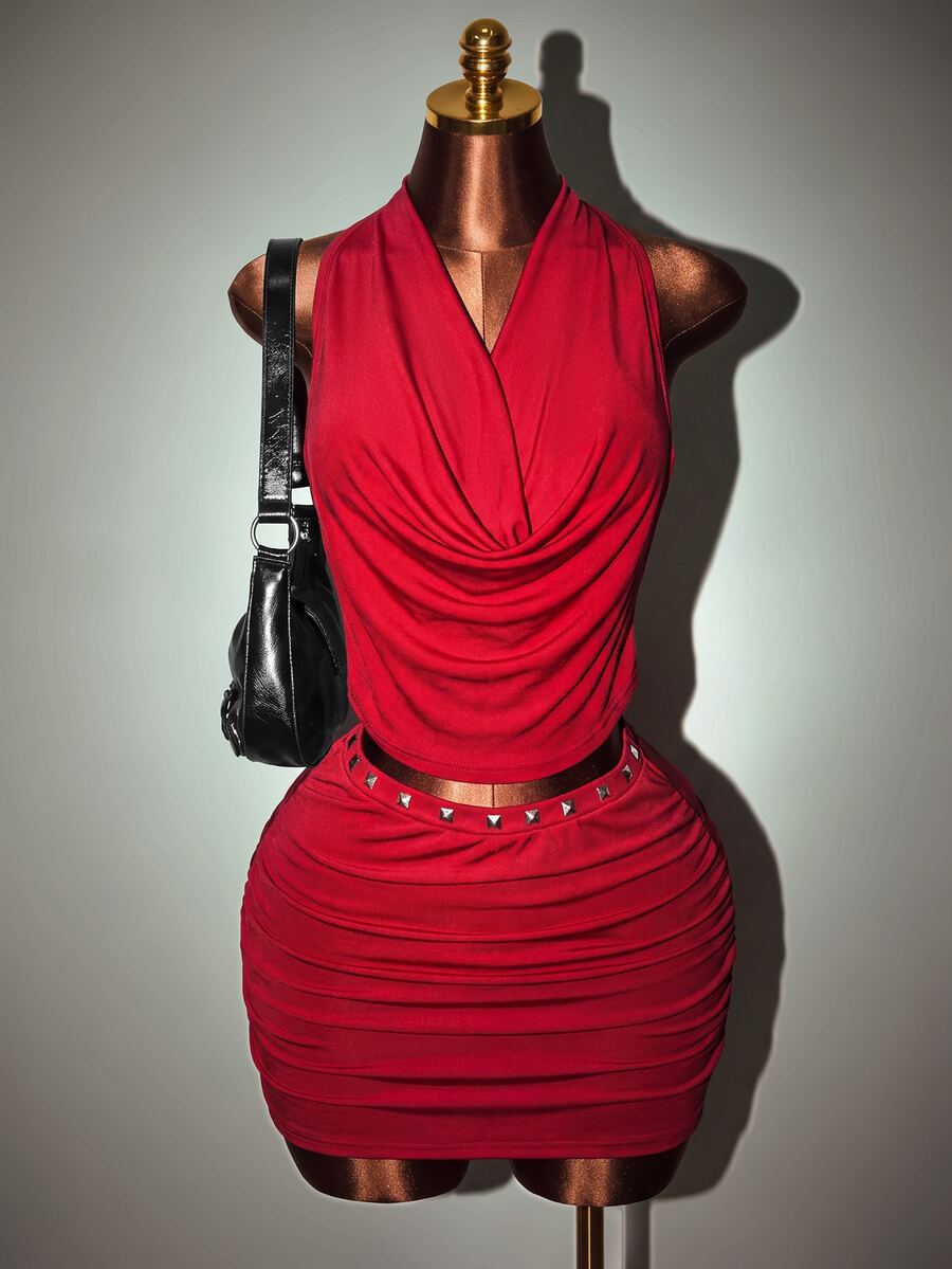 Mistrie Wine Red Rivet Draped Neck 2 Pieces Set, Cowl Neck Hollow Pleated Bodycon Mini Skirt Sexy Nightclub Outfit - Red - View 1