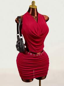 Mistrie Wine Red Rivet Draped Neck 2 Pieces Set, Cowl Neck Hollow Pleated Bodycon Mini Skirt Sexy Nightclub Outfit - Red - View 4