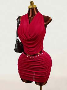 Mistrie Wine Red Rivet Draped Neck 2 Pieces Set, Cowl Neck Hollow Pleated Bodycon Mini Skirt Sexy Nightclub Outfit - Red - View 5