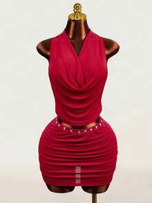 Mistrie Wine Red Rivet Draped Neck 2 Pieces Set, Cowl Neck Hollow Pleated Bodycon Mini Skirt Sexy Nightclub Outfit - Red - View 8