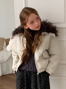 DAZY Tween Girls' Loose Fit Colorblock Lapel Thick Winter Coat, Autumn/Winter - Apricot - View 1