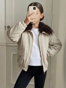 DAZY Tween Girls' Loose Fit Colorblock Lapel Thick Winter Coat, Autumn/Winter - Apricot - View 12