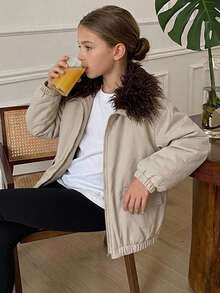 DAZY Tween Girls' Loose Fit Colorblock Lapel Thick Winter Coat, Autumn/Winter - Apricot - View 14