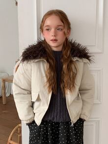 DAZY Tween Girls' Loose Fit Colorblock Lapel Thick Winter Coat, Autumn/Winter - Apricot - View 4