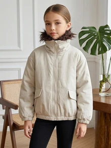 DAZY Tween Girls' Loose Fit Colorblock Lapel Thick Winter Coat, Autumn/Winter - Apricot - View 13