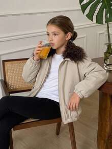DAZY Tween Girls' Loose Fit Colorblock Lapel Thick Winter Coat, Autumn/Winter - Apricot - View 11