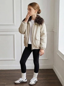 DAZY Tween Girls' Loose Fit Colorblock Lapel Thick Winter Coat, Autumn/Winter - Apricot - View 15