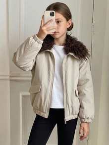 DAZY Tween Girls' Loose Fit Colorblock Lapel Thick Winter Coat, Autumn/Winter - Apricot - View 10