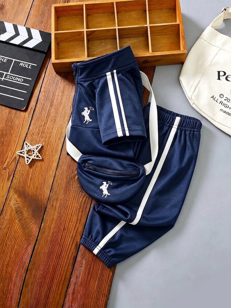 SHEIN Bộ 2 món áo polo ngắn tay cho bé chập chững màu xanh navy, phong cách thường ngày mùa hè đi biển, trang trí sọc, kèm túi đeo chéo họa tiết ngựa và quần ống bo chun - Hải quân - Xem 7