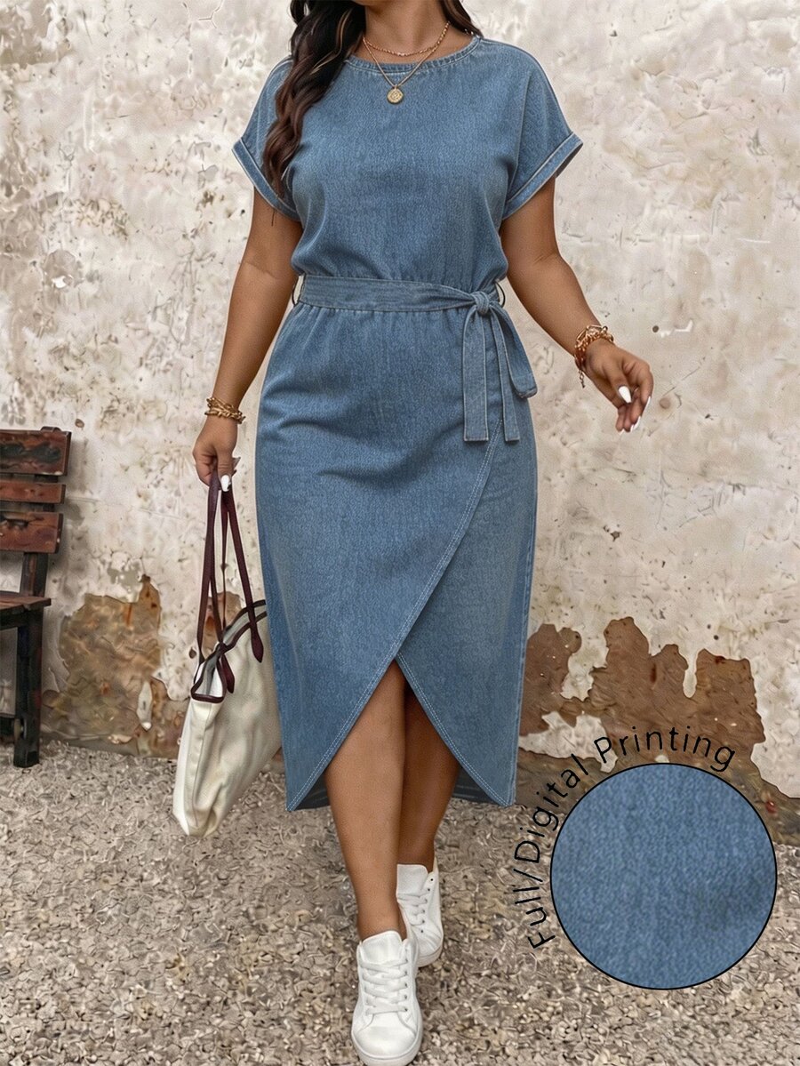 EMERY ROSE Plus Size Casual Minimalist Blue Short Sleeve Dress For Women, Fitted Bodycon Summer Dress With Asymmetrical Hem And Belt - Multicolor - View 1