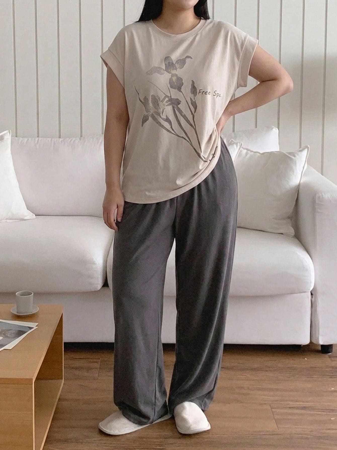 Dazy Plus Floral Print Cap Sleeve Top & Long Pajama Pants Loungewear Set, Plus Size Women's Spring Summer Autumn Sleepwear