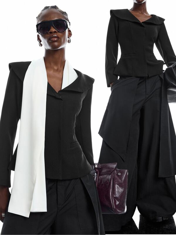 LYSMO Blazer de manga larga con bloques de color casual para ir al trabajo y viajar, ropa de oficina para mujeres, conjunto de invierno para mujeres con bufanda desmontable