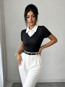 Elenzga Bodysuit Wanita Model Patchwork Warna Blok dengan Kerah Kemeja dan Potongan Pas Badan - Hitam - View 3