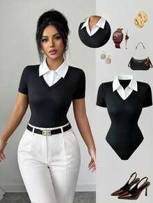 Elenzga Bodysuit Wanita Model Patchwork Warna Blok dengan Kerah Kemeja dan Potongan Pas Badan - Hitam - View 1