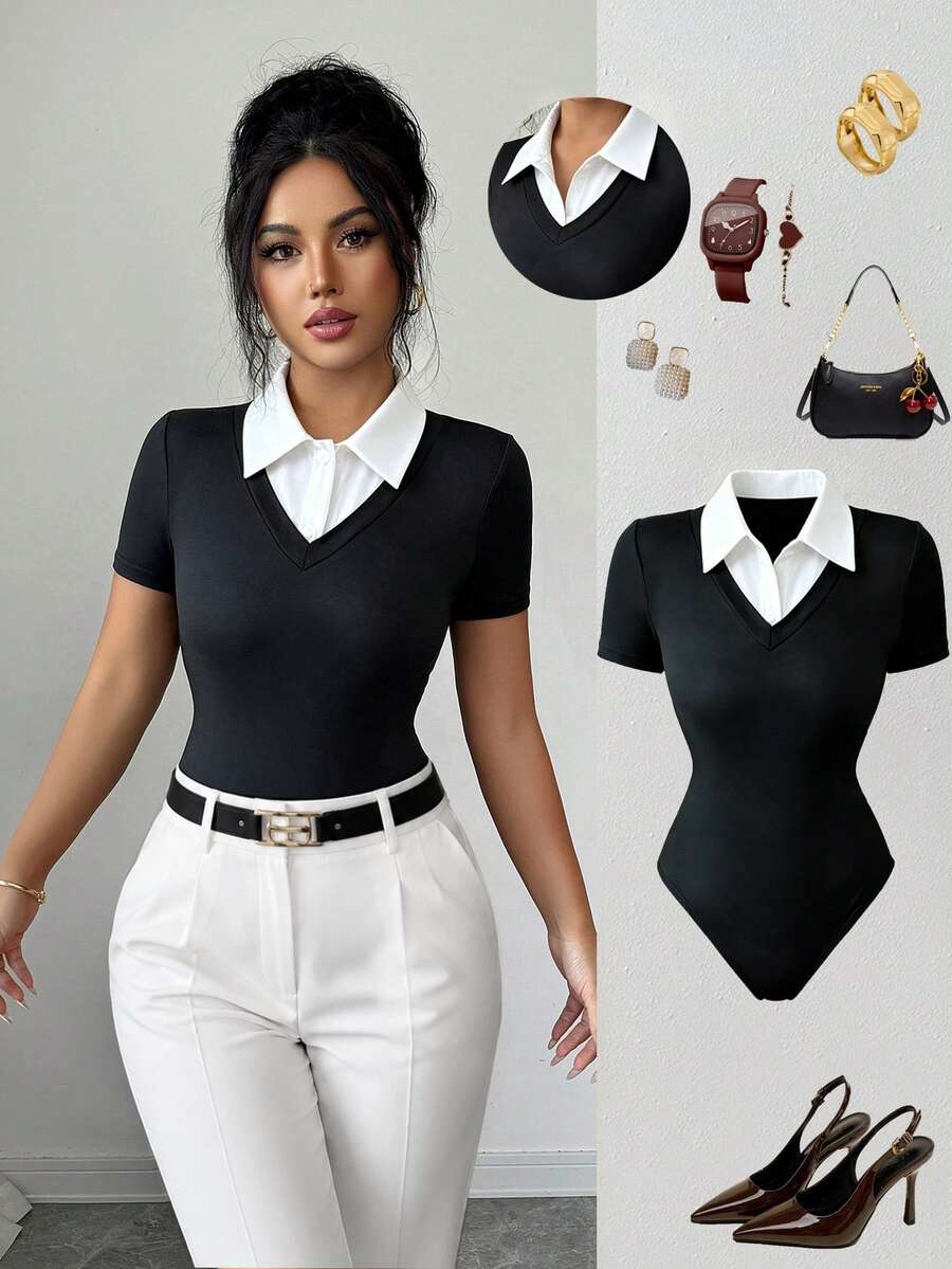 Elenzga Bodysuit Wanita Model Patchwork Warna Blok dengan Kerah Kemeja dan Potongan Pas Badan - Hitam - View 1