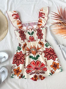 SHEIN 少女碎花荷叶袖休闲连体裤 - 彩色 - 查看 5