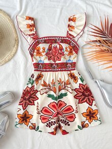 SHEIN 少女碎花荷叶袖休闲连体裤 - 彩色 - 查看 2