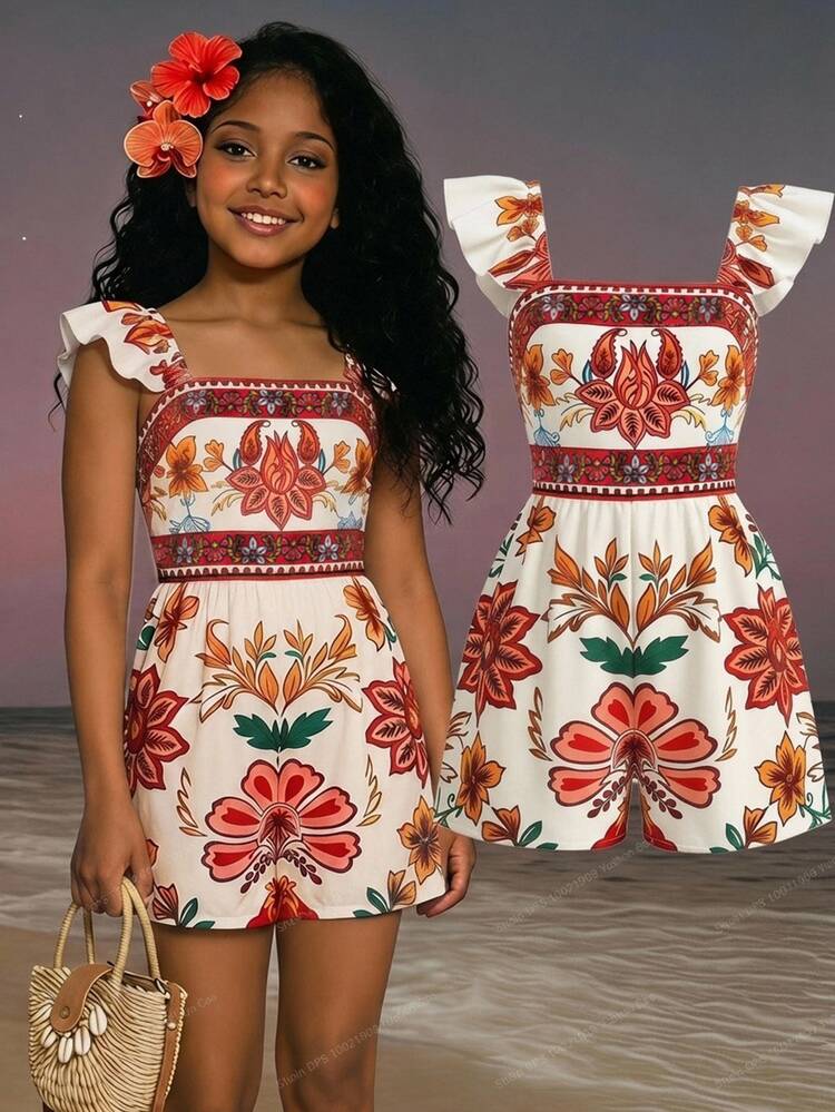 SHEIN Tween Girls Floral Print Flutter Sleeve Casual Jumpsuit - Multicolor - View 1