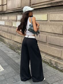 Coolane 女款四季秋季日常穿著街頭風外出裝 文藝復興市集休閒基礎學院風拼接黑白波點 Bai'y 直筒褲 - 黑色 - 查看 7