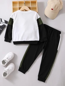 SHEIN Young Boys Colorblock Letter Graphic Sweatshirt 2pcs/Set Casual Streetwear Autumn Winter Tracksuit Outfit - Multicolor - View 2