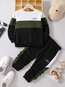 SHEIN Young Boys Colorblock Letter Graphic Sweatshirt 2pcs/Set Casual Streetwear Autumn Winter Tracksuit Outfit - Multicolor - View 3