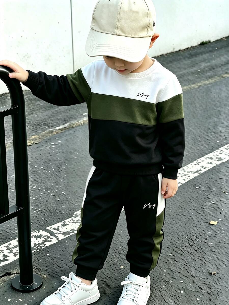 SHEIN Young Boys Colorblock Letter Graphic Sweatshirt 2pcs/Set Casual Streetwear Autumn Winter Tracksuit Outfit - Multicolor - View 1