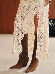 Anewsta Autumn Asymmetrical A-Line Crochet Hollow Out Women's Sweater Skirt - Apricot - View 2
