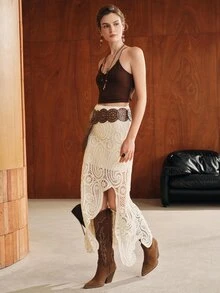 Anewsta Autumn Asymmetrical A-Line Crochet Hollow Out Women's Sweater Skirt - Apricot - View 4