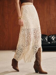 Anewsta Autumn Asymmetrical A-Line Crochet Hollow Out Women's Sweater Skirt - Apricot - View 6