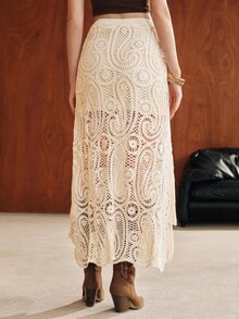 Anewsta Autumn Asymmetrical A-Line Crochet Hollow Out Women's Sweater Skirt - Apricot - View 7