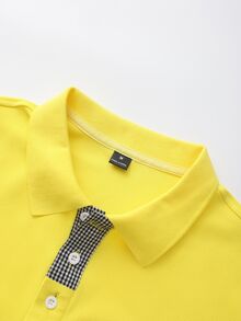 Manfinity Mode 男士拼接格紋短袖休閒通勤 Polo 衫，正式感，老錢風 - 芥末黃 - 查看 4