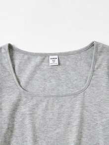 SHEIN 青少年女孩休閒極簡灰色方領抽褶腰短袖T恤與寬鬆長褲套裝 - 灰色 - 查看 4