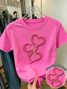 Resyla 3D 泡棉愛心 T-Shirt，美式千禧甜辣風上衣，桃紅色泡棉愛心，泡棉手工愛心辣妹女款圓領 T-Shirt - 玫紅色 - 查看 1
