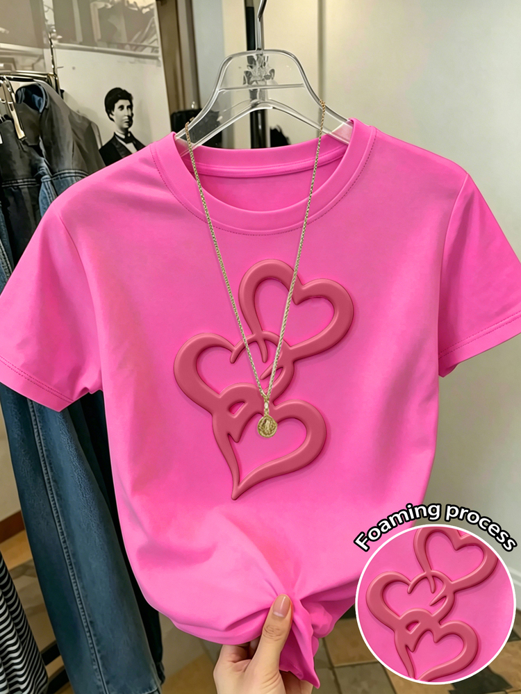 Resyla 3D 泡棉愛心 T-Shirt，美式千禧甜辣風上衣，桃紅色泡棉愛心，泡棉手工愛心辣妹女款圓領 T-Shirt - 玫紅色 - 查看 1