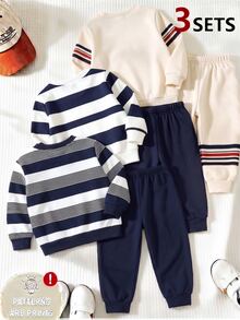 5pcs Baby Boys Sets Preppy Cute Navy Blue White Striped Bear Print Long Sleeves Ribbed Cuffs Crew Neck Fall Winter Back To School Vacation Sweaters - Multicolor - View 2