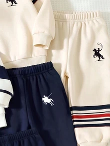 5pcs Baby Boys Sets Preppy Cute Navy Blue White Striped Bear Print Long Sleeves Ribbed Cuffs Crew Neck Fall Winter Back To School Vacation Sweaters - Multicolor - View 3