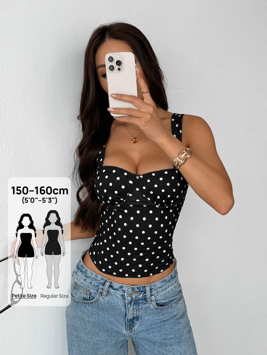 SHEIN PETITE PETITE 女款黑白波點上衣，復古風優雅修身設計，迷人波點圖案