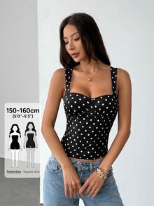 SHEIN PETITE PETITE 女款黑白波點上衣，復古風優雅修身設計，迷人波點圖案 - 黑色 - 查看 5