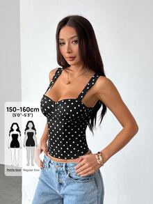 SHEIN PETITE PETITE 女款黑白波點上衣，復古風優雅修身設計，迷人波點圖案 - 黑色 - 查看 7