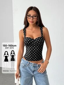 SHEIN PETITE PETITE 女款黑白波點上衣，復古風優雅修身設計，迷人波點圖案 - 黑色 - 查看 6