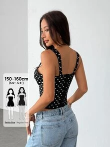 SHEIN PETITE PETITE 女款黑白波點上衣，復古風優雅修身設計，迷人波點圖案 - 黑色 - 查看 3