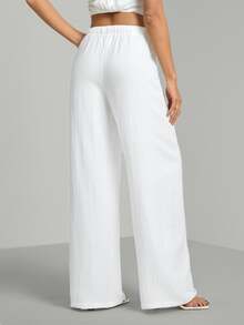 SHEIN Tall Tall Loose Drawstring Waist Trousers In Textured Crinkle Fabric, Tall Women Beach White Autumn Casual - White - View 2