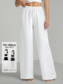 SHEIN Tall Tall Loose Drawstring Waist Trousers In Textured Crinkle Fabric, Tall Women Beach White Autumn Casual - White - View 8