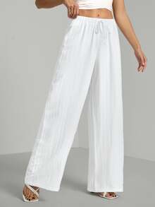 SHEIN Tall Tall Loose Drawstring Waist Trousers In Textured Crinkle Fabric, Tall Women Beach White Autumn Casual - White - View 5