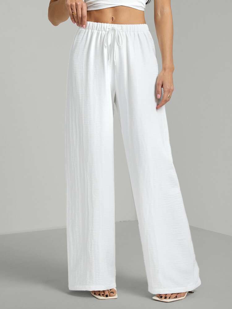 SHEIN Tall Tall Loose Drawstring Waist Trousers In Textured Crinkle Fabric, Tall Women Beach White Autumn Casual - White - View 9