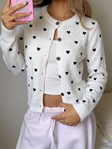 SHEIN BASICS 女款開襟衫，四季百搭，優雅休閒時尚，小愛心圖案現代都市風商務休閒辦公穿搭，低調 - 彩色 - 查看 3