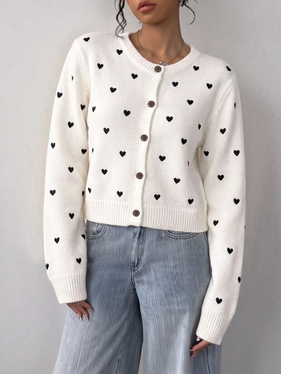 SHEIN BASICS 女款開襟衫,四季百搭,優雅休閒時尚,小愛心圖案現代都市風商務休閒辦公穿搭,低調 - 彩色 - 查看 1