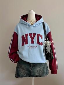 Genkimix Kids 青少年女孩美式復古街頭風拼色連帽衛衣 酒紅色英文圖案印花 秋冬款 開學季女童連帽衫 - 彩色 - 查看 1