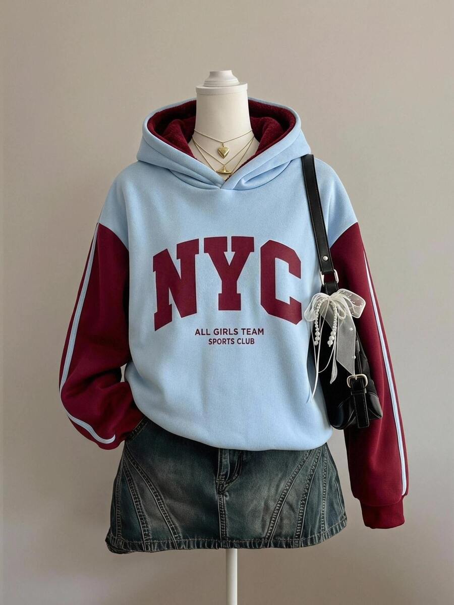 Genkimix Kids 青少年女孩美式復古街頭風拼色連帽衛衣 酒紅色英文圖案印花 秋冬款 開學季女童連帽衫 - 彩色 - 查看 1
